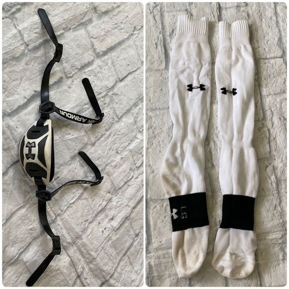 Under Armour men’s football chin strap and Large performance calf socks B&W - Picture 1 of 12